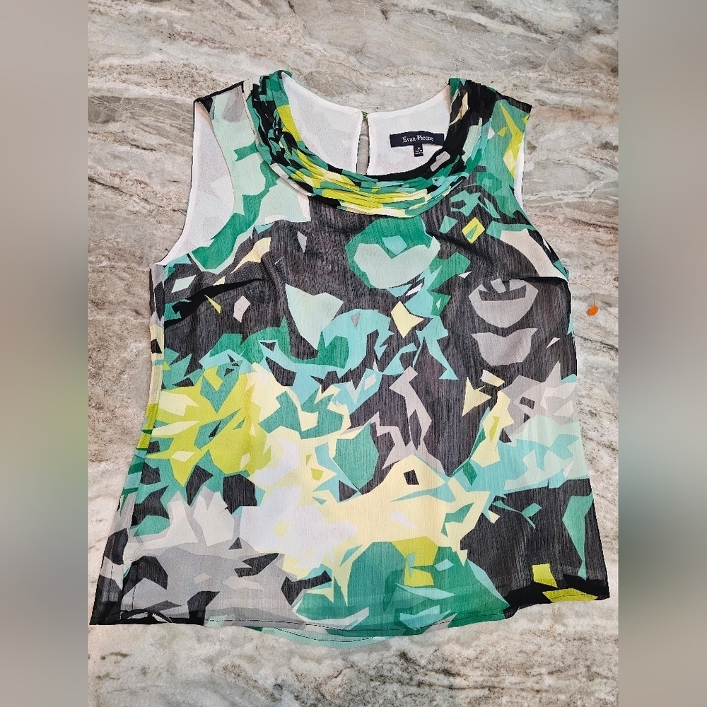 Evan-Picone Sleeveless Blouse Women’s Size 10 Abstract Green Yellow Black Print